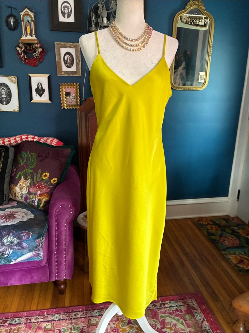 Gianni Bini Chartreuse Satin Slip Maxi Dress Size 8 NWOT